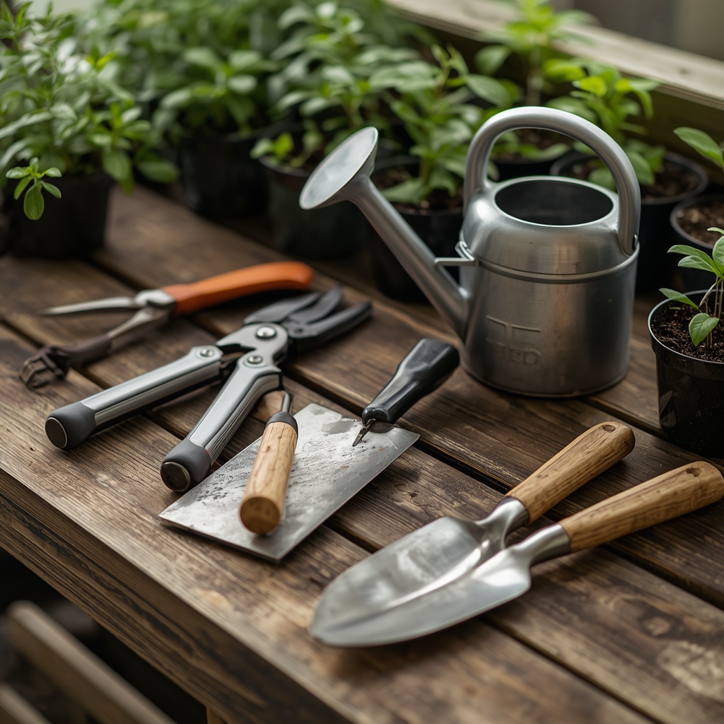 Professional gardening tools arranged on a rustic wooden workbench including pruning shears trowel and watering can surrounded by potted seedlings, soft natural light, no people
